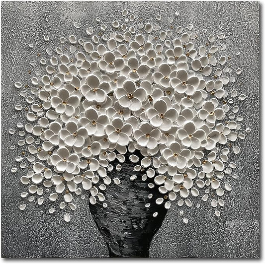 100% Hand-Painted White Flower Art Oil Painting, Modern Home Furnishing Canvas Painting Decoration, 3D Abstract Mural Painting,24x24 inch Frame Wall Art Hanging