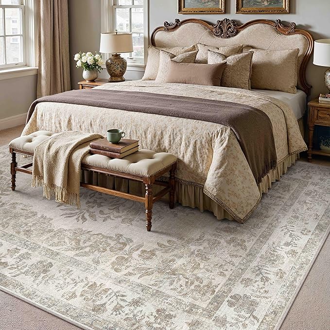 PureCozy 7x10 Area Rug Beige Washable Vintage Distressed Living Room Carpet Large Bedroom Indoor Medallion Floral Non Slip Retro Throw Floor Mat for Office Dining Room Kitchen Bathroom