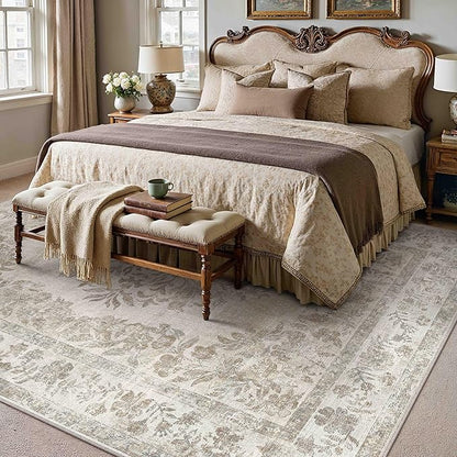 PureCozy 7x9 Area Rug Beige Washable Vintage Distressed Living Room Carpet Large Bedroom Indoor Medallion Floral Non Slip Retro Throw Floor Mat for Office Dining Room Kitchen Bathroom