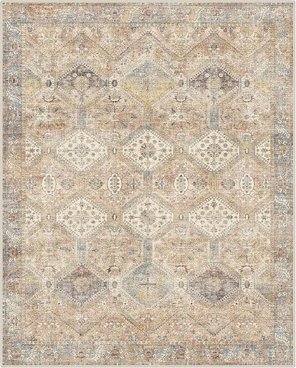 GENIMO 9x12 Area Rugs for Living Room, Machine Washable Non Slip Vintage Rugs, Low Pile Lightweight Print Rug for Bedroom, Dining Room, Home Office, Warm Brown