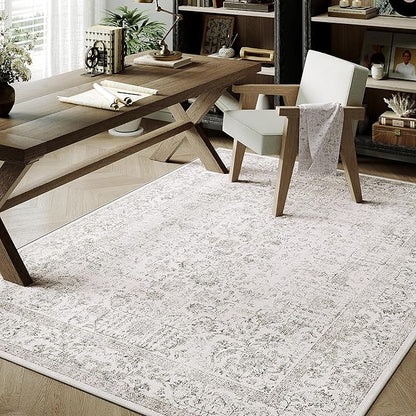 PureCozy Gray Area Rug 4x6 Office Entryway Rug Machine Washable Kitchen Vintage Distressed Non Slip Carpet Indoor Grey Retro Floral Accent Throw Door Mat for Bathroom Bedroom Dining Living Room