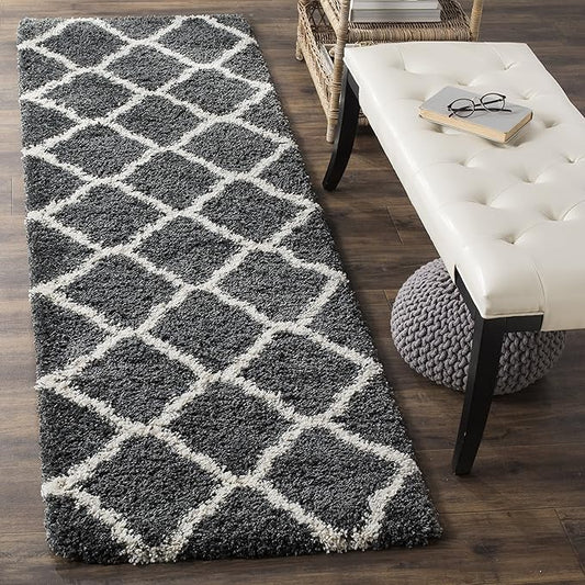 SAFAVIEH Hudson Shag Collection Runner Rug - 2'3" x 12', Dark Grey & Ivory, Moroccan Trellis, Non-Shedding & Easy Care, 2-inch Thick Ideal for High Traffic Areas in Living Room, Bedroom (SGH283G)