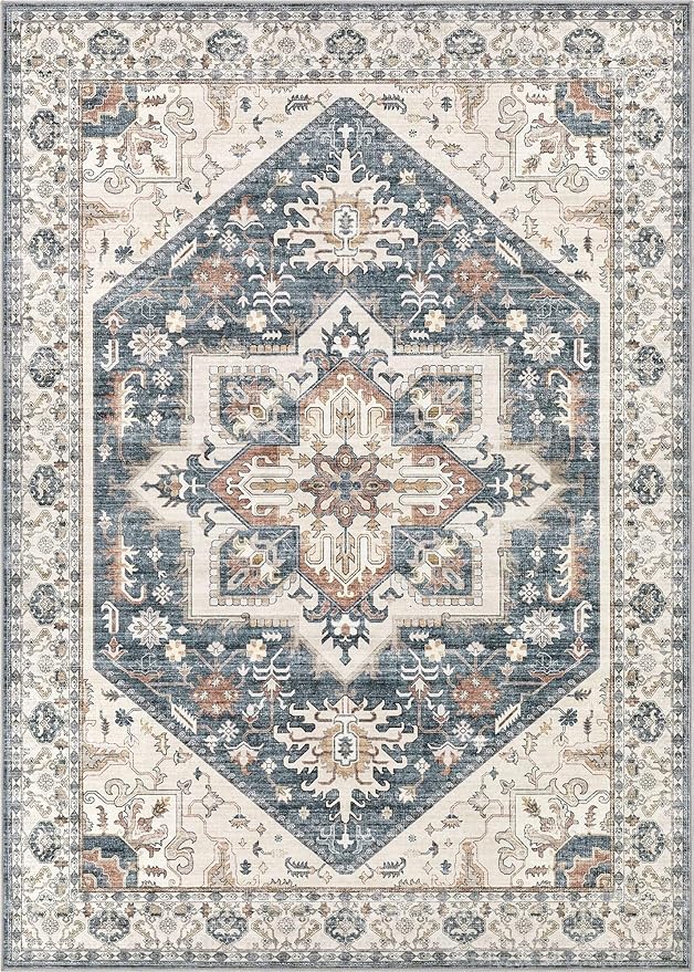 10x14 Area Rugs for Living Room - Large Carpet Ultra Thin Soft Washable Oriental Vintage Floral Distressed Rug Big Indoor Carpets for Bedroom Nursery Dorm Home Decor Aesthetic - Vintage Blue