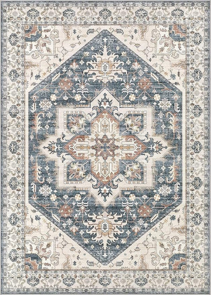 10x14 Area Rugs for Living Room - Large Carpet Ultra Thin Soft Washable Oriental Vintage Floral Distressed Rug Big Indoor Carpets for Bedroom Nursery Dorm Home Decor Aesthetic - Vintage Blue