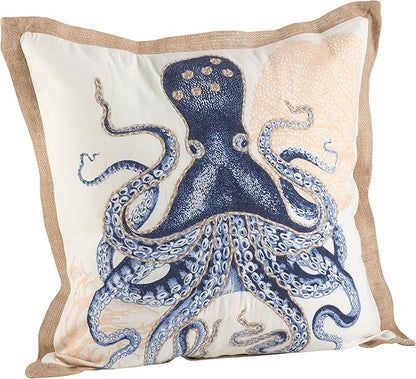 SARO LIFESTYLE Neptunian Coastal Throw Pillow – 20” x 20”, Woven Cotton Cover with Jute Trim, Zipper Closure, Down & Feather Insert – Octopus, Navy Blue