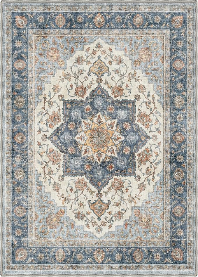 GENIMO 8x10 Area Rugs for Living Room, Machine Washable Non Slip Rugs, Low Pile Lightweight Print Rug for Bedroom, Dining Room, Home Office, Vintage Blue Medallion