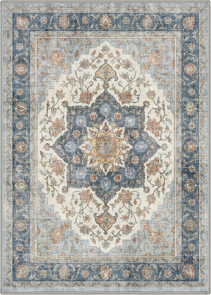 GENIMO 8x10 Area Rugs for Living Room, Machine Washable Non Slip Rugs, Low Pile Lightweight Print Rug for Bedroom, Dining Room, Home Office, Vintage Blue Medallion
