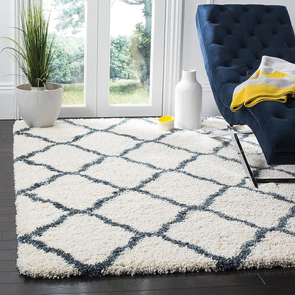 SAFAVIEH Hudson Shag Collection 7' Square Ivory / Slate Blue SGH283T Moroccan Trellis Non-Shedding Living Room Bedroom Dining Room Entryway Plush 2-inch Thick Area Rug