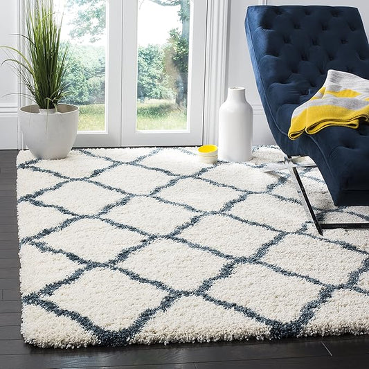 SAFAVIEH Hudson Shag Collection 7' Square Ivory / Slate Blue SGH283T Moroccan Trellis Non-Shedding Living Room Bedroom Dining Room Entryway Plush 2-inch Thick Area Rug