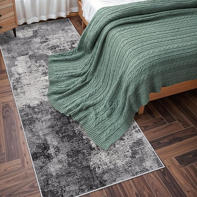 Abstract Kitchen Runner Rug 3x8: Washable Non Slip Carpet Runner for Hallway Bedroom Laundry - Low Pile Ultra Thin Modern Entryway Throw Carpet - Soft Boho Floor Mat for Home Decor (3X8 Black-Grey)