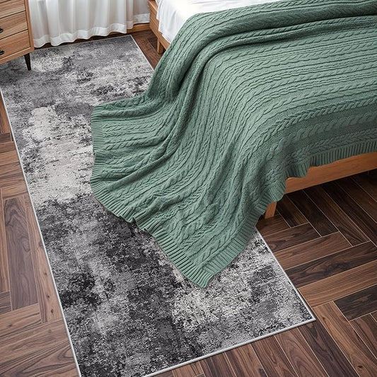 Abstract Kitchen Runner Rug 3x8: Washable Non Slip Carpet Runner for Hallway Bedroom Laundry - Low Pile Ultra Thin Modern Entryway Throw Carpet - Soft Boho Floor Mat for Home Decor (3X8 Black-Grey)