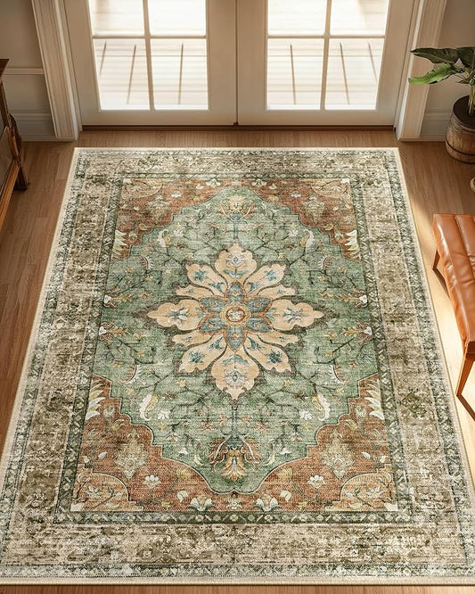 RELEANY Area Rugs 3'x4' Washable Non-Slip, Floral Vintage Distress Print Pattern Medallion Carpet for Living Room Bedroom Dining Room, Brick Red Rust Neutral Brown Burnt Orange Green