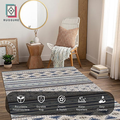 RUGSURE Washable Area Rugs 4' x 6' - 1/6 Thick - Moroccan-Inspired -Stain & Water Resistant Non-Slip - Resistant Rug for Living Room, Bedroom, Nursery, Pet & Child Friendly (Blue and Brown)