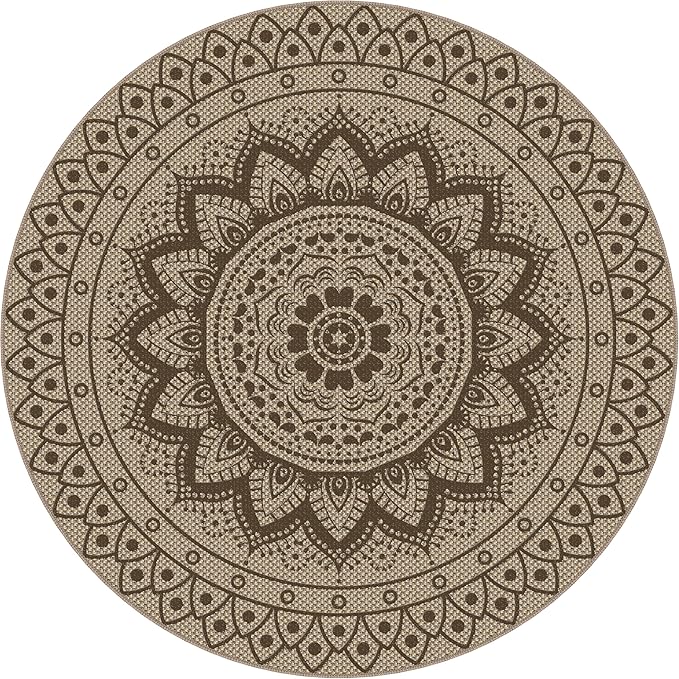 Easy Jute Outdoor Round Rug, 5ft Washable Indoor Outdoor Patio Rug, Brown Non Slip Round Area Rug Farmhouse, Boho Carpet for Backyard Patio