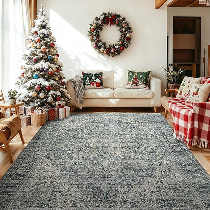 Boho Washable Rug for Living Room 6x9 Dark Academia Emerald Green Rug Oriental Carpet Forest Hunter Green Floor Covering
