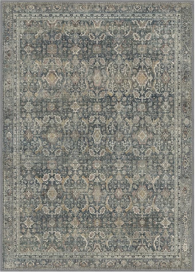 GENIMO 10x14 Area Rugs for Living Room, Machine Washable Non Slip Vintage Rugs, Low Pile Lightweight Chenille Print Rug for Bedroom, Dining Room, Home Office, Deep