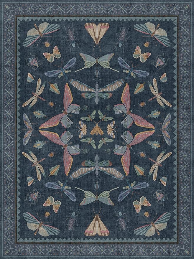9x12 Washable Farmhouse Area Rug for Living Room, Bedroom & Dining Room Under Table, Dark Blue Boho Insect Design Carpet, Vintage Moth Décor, Soft Low Pile Rug