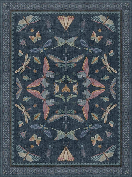 9x12 Washable Farmhouse Area Rug for Living Room, Bedroom & Dining Room Under Table, Dark Blue Boho Insect Design Carpet, Vintage Moth Décor, Soft Low Pile Rug