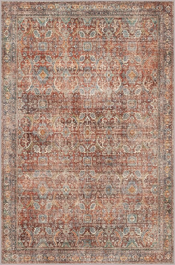 2x3 Entrance Rug Machine Washable Rug Small Door Mat,Ultra-Thin Low Pile Pad,Lightweight Indoor Carpet,Non Slip Floral Area Rug for Entryway,Bedside,Laundry,Bathroom,Terracotta/Indigo