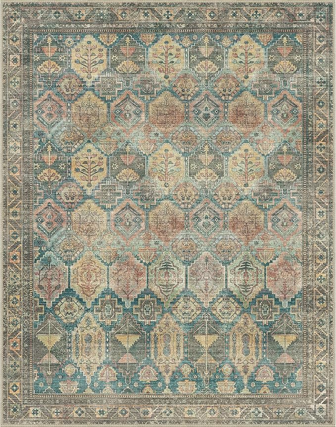 Bavni Washable Rug 8x10 Area Rug for Living Room Bedroom Dining, Washable Vintage Print Carpet, Ultra-Thin Low Pile Lightweight Rug with Non Slip Backing, Multi Green
