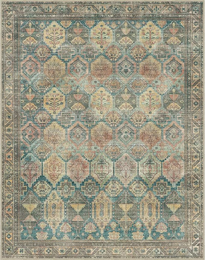 Bavni Washable Rug 8x10 Area Rug for Living Room Bedroom Dining, Washable Vintage Print Carpet, Ultra-Thin Low Pile Lightweight Rug with Non Slip Backing, Multi Green