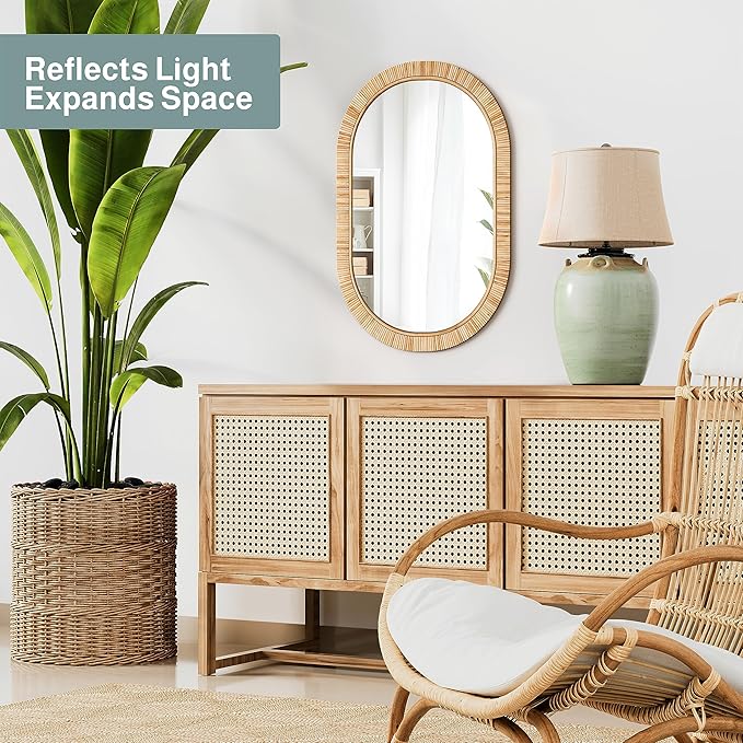 Barnyard Designs Oval Rattan Wall Mirror, Natural Tan Woven Rattan Frame, Indoor Decorative Mirror for Bedroom Living Room Entryway (20" x 30", Oval)
