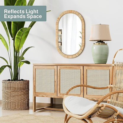 Barnyard Designs Oval Rattan Wall Mirror, Natural Tan Woven Rattan Frame, Indoor Decorative Mirror for Bedroom Living Room Entryway (20" x 30", Oval)
