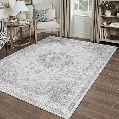 PureCozy Grey Gray Area Rug 3x5 Washable Vintage Carpet for Entryway Office Soft Retro Kitchen Low Pile Thin Door Mat Non Slip Oriental Medallion Throw Rug for Bathroom Bedroom Dining Living Room