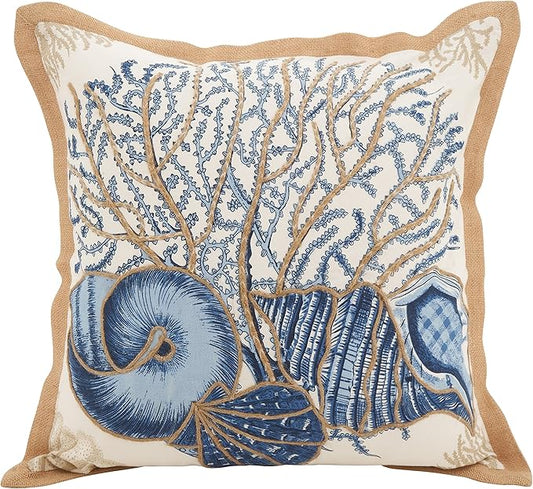 SARO LIFESTYLE Neptunian Coastal Throw Pillow – 20” x 20”, Woven Cotton Cover with Jute Trim, Zipper Closure, Down & Feather Insert – Seashell Medley, Navy Blue