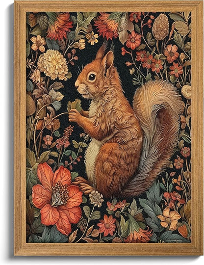 Framed Vintage Squirrel Wall Art, 3D Textured Squirrel Among Flowers Painting Art, Hand Drawn Sandstone Botanical Floral Pictures, Modern Farmhouse Wall Decor for Living Room Bedroom 12x16 inch