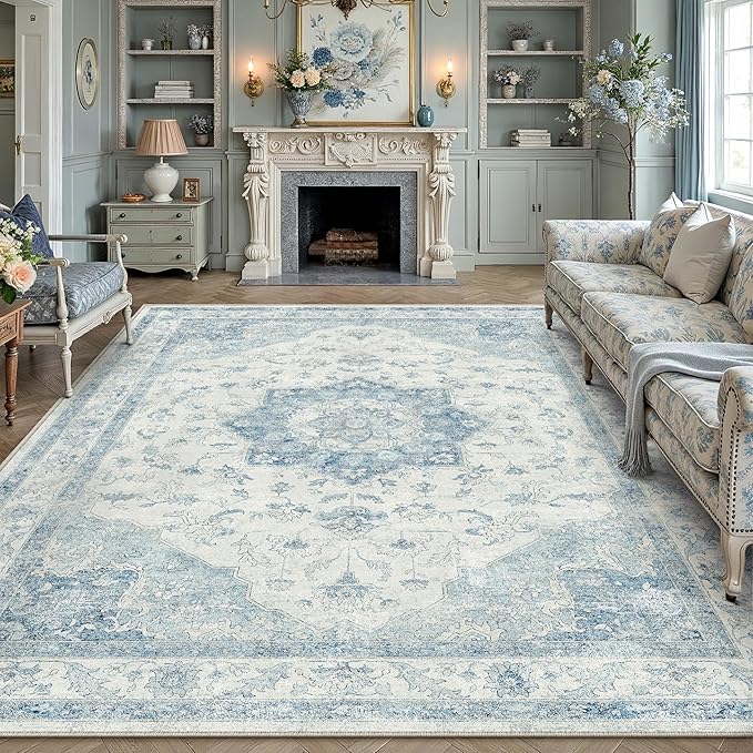 PureCozy Blue Area Rug 8x10 Washable Vintage Carpet for Living Room Bedroom Large Soft Retro Low Pile Thin Indoor Rug Non Slip Oriental Medallion Floor Cover for Dining Room Office