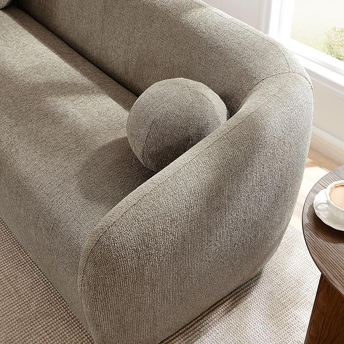 Modway Holland 85 Inch Minimalist Curved Back Sofa in Taupe – Chenille Fabric Sofa with Ball Throw Pillows and Wood Feet – Modern 3-Seater Couch for Living Room