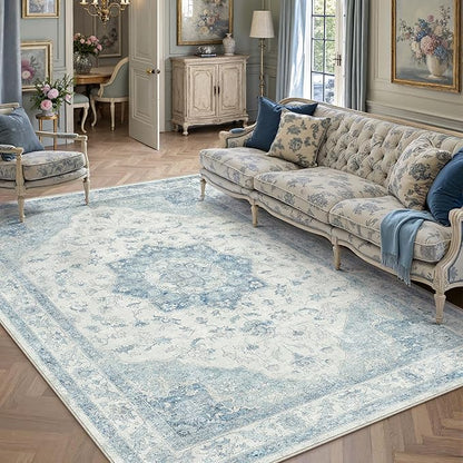 PureCozy Blue Area Rug 6x9 Washable Vintage Carpet for Living Room Bedroom Large Soft Retro Low Pile Thin Indoor Rug Non Slip Oriental Medallion Floor Cover for Dining Room Office