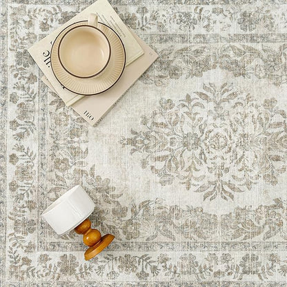 PureCozy 9x12 Area Rug Beige Washable Vintage Distressed Living Room Carpet Large Bedroom Indoor Medallion Floral Non Slip Retro Throw Floor Mat for Office Dining Room Kitchen Bathroom