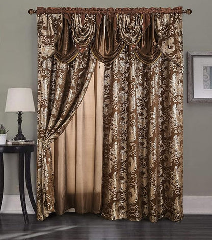 GLORY RUGS Jacquard Luxury Window 2 Panel Set Brown Curtain with Attached Valance and Backing Bedroom Living Room Dining 2 Curtains 55x84 inches Each Jana