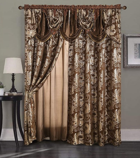 GLORY RUGS Jacquard Luxury Window 2 Panel Set Brown Curtain with Attached Valance and Backing Bedroom Living Room Dining 2 Curtains 55x84 inches Each Jana