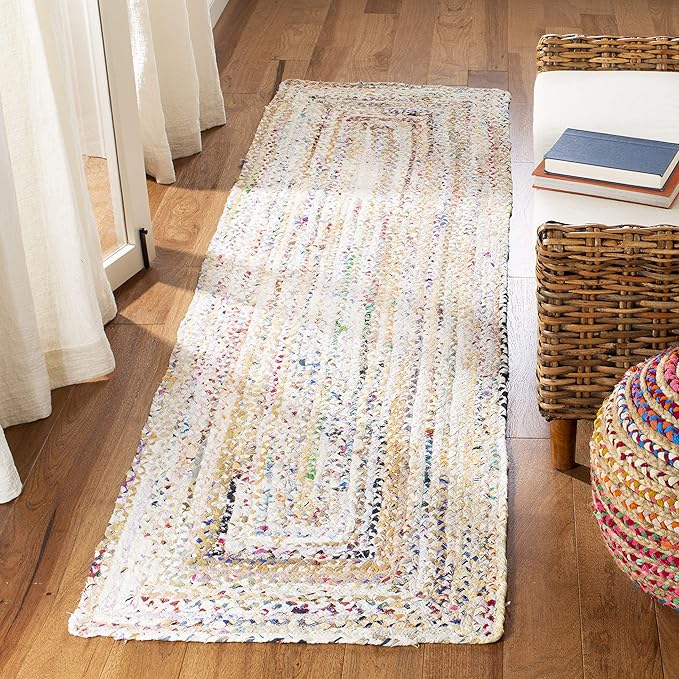 SAFAVIEH Braided Collection Runner Rug - 2'3" x 19', Ivory & Multi, Handmade Woven Cotton, Boho Reversible Style, Ideal for Living Room, Bedroom, Hallway (BRD210B)