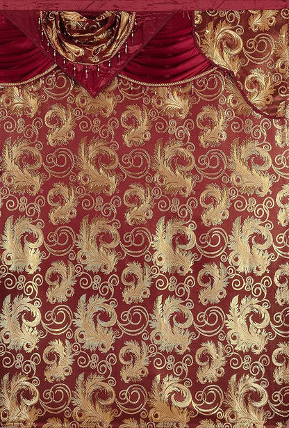 GLORY RUGS Jacquard Luxury Window 2 Panel Set Burgundy Gold Curtain with Attached Valance and Backing Bedroom Living Room Dining 2 Curtains 55x84 inches Each Jana
