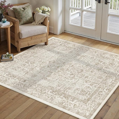 PureCozy Light Brown Area Rug 3x5 Entryway Washable Kitchen Vintage Distressed Non Slip Carpet Indoor Retro Floral Accent Throw Door Mat for Bathroom Bedroom Dining Living Room