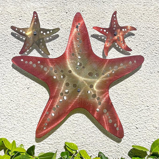 LiveInUrban Coastal Wall Art Starfish Metal Wall Sculptures, Ocean Beach Themed Metal Hanging Home Decoration 3PCS 15.6"x12.7"