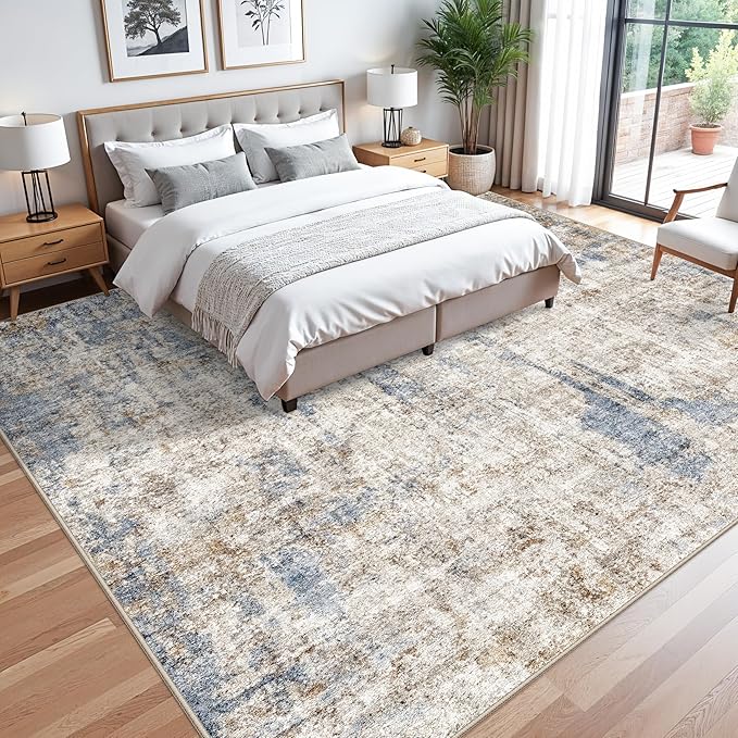 12x12ft Square Living Room Rug – Non-Slip Washable Extra Large Floor Carpet for Bedroom, Dining Room, Playroom Room – Modern Abstract Neutral Thin Low-Pile Oversized Indoor Rug (Blue Brown)
