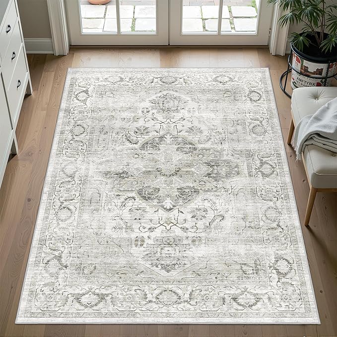 4x6 Area Rugs for Living Room, Machine Washable Non Slip Vintage Rug, Non-Slip Stain Resistant, Large Soft Home Decor Rug for Bedroom Dining Room (Ivory/Gray,4'x6')