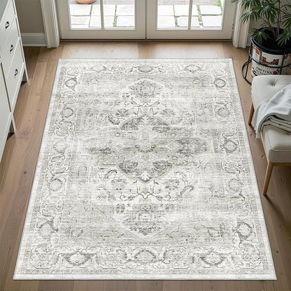 4x6 Area Rugs for Living Room, Machine Washable Non Slip Vintage Rug, Non-Slip Stain Resistant, Large Soft Home Decor Rug for Bedroom Dining Room (Ivory/Gray,4'x6')