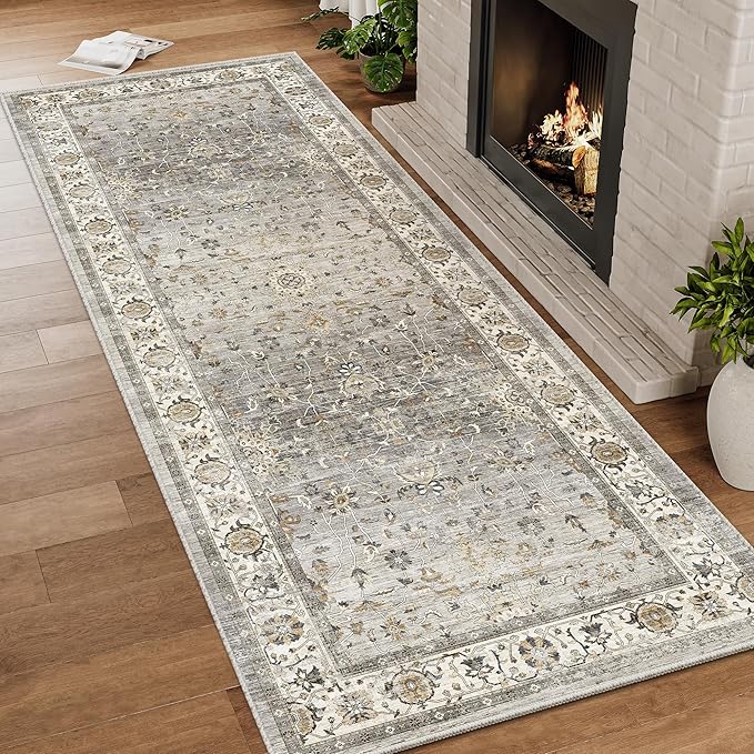 2x6 Washable Hallway Runner Rug - Kitchen Rugs with Non Slip Backing Vintage Soft Farmhouse Entryway Mat for Living Room Laundry Bedroom, Bathroom Ivory/Grey