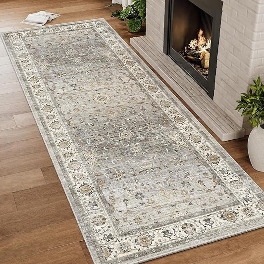 2x6 Washable Hallway Runner Rug - Kitchen Rugs with Non Slip Backing Vintage Soft Farmhouse Entryway Mat for Living Room Laundry Bedroom, Bathroom Ivory/Grey