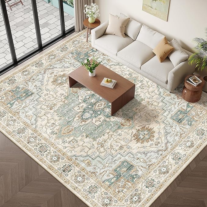 9x12 Area Rugs for Living Room, Machine Washable Non Slip Vintage Rug, Non-Slip Stain Resistant, Large Soft Home Decor Rug for Bedroom Dining Room (Green/Beige 9'x12')