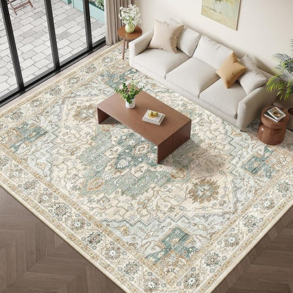 9x12 Area Rugs for Living Room, Machine Washable Non Slip Vintage Rug, Non-Slip Stain Resistant, Large Soft Home Decor Rug for Bedroom Dining Room (Green/Beige 9'x12')