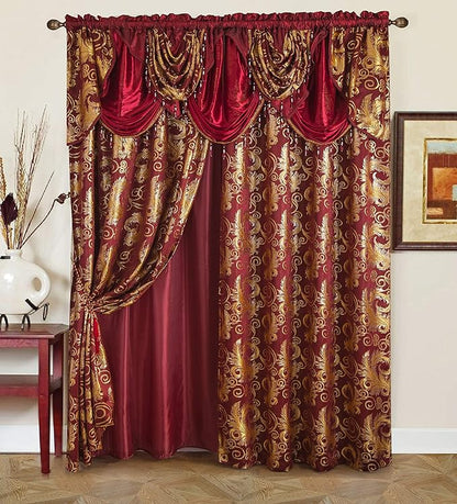 GLORY RUGS Jacquard Luxury Window 2 Panel Set Burgundy Gold Curtain with Attached Valance and Backing Bedroom Living Room Dining 2 Curtains 55x84 inches Each Jana