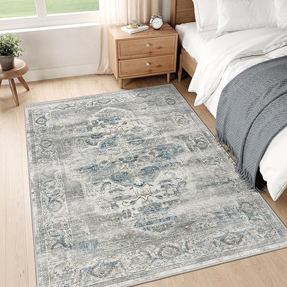 3x5 Washable Area Rug - Non-Slip Ultra Thin Rug for Entryway Stain Resistant Indoor Doormat for Living Room Vintage Watreproof Carpet for Bedroom Kitchen Laundry (Blue/Grey,3'x5')
