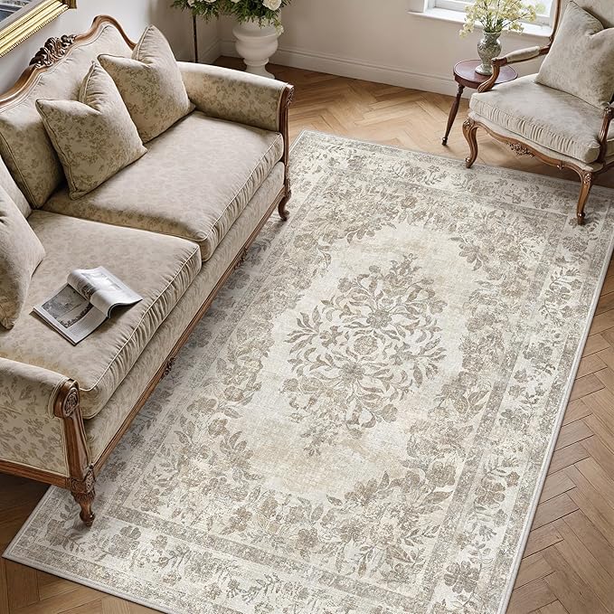PureCozy 5x8 Area Rug Beige Washable Vintage Distressed Living Room Carpet Large Bedroom Indoor Neutral Medallion Floral Non Slip Retro Throw Floor Mat for Office Dining Room Kitchen Bathroom